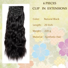 Clip in Hair Extensions for Women 6PCS Clip Ins Long Wavy Curly Hair Extension 22 Inch Synthetic Hair Extension Thick Hairpieces (Natural Black)
