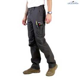 CALECARPEN Men's Work Utility Pants Construction, Relaxed Fit Stretch Flex, Double Knee, Cargo Carpenter Canvas Duck