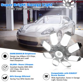 POLARPRA Garage Lights - 40000LM Super Bright Garage Lights Ceiling Led w/ 8 Deformable Panels Compatible for E26/E27 Screw in Socket Garage Lighting Bulb for Barn Basement Shops Attic - 2Pack