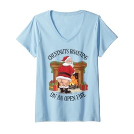Womens Naughty Santa Roasting Nuts Xmas Crude Humour V-Neck T-Shirt