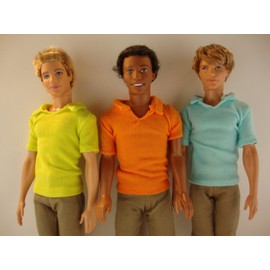 Set of 3 Ken Doll Outfits Tan Pants with Super Fun Colored Short Sleeve Polo Shirts 6 Pcs of Clothing