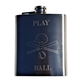 Baseball Themed Flask Gift Set - 7oz Flask Engraved with Play Ball