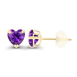Solid 14K Yellow Gold 5mm Heart Natural Purple Amethyst February Birthstone Genuine Stud Earrings For Women