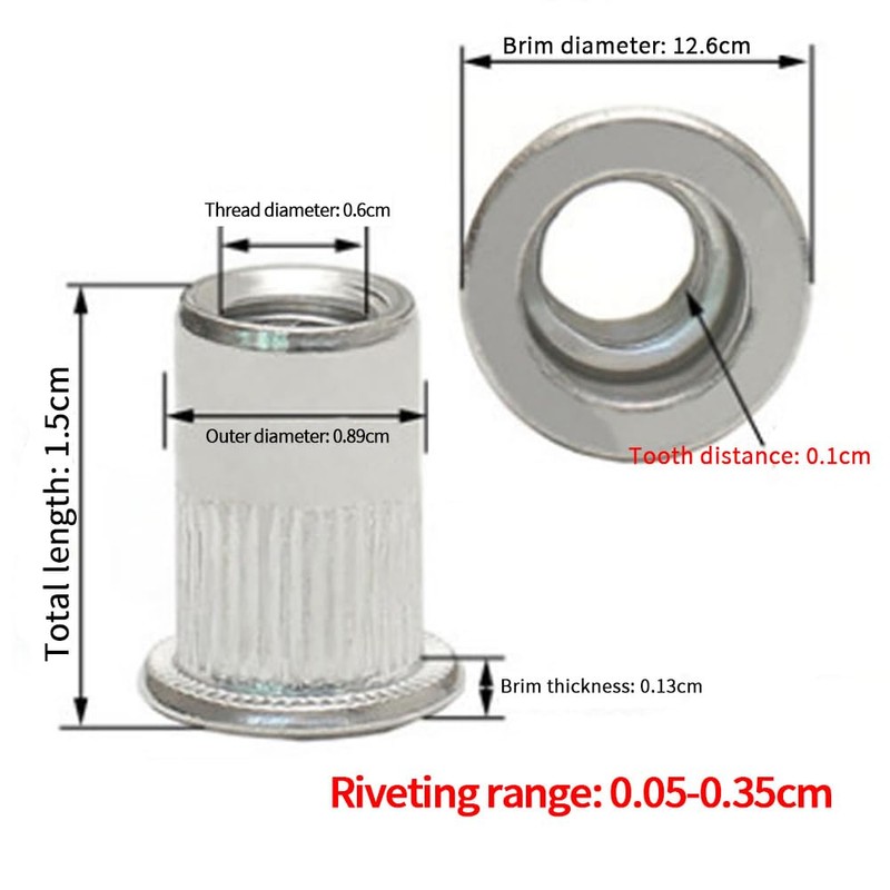TOMVAES 100PCS M6 Rivet Nuts,Rivet Nuts,Nut Inserts,Flat Head Threaded Insert