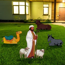 Yalikop 4 Pcs Outdoor Nativity Scene for Yard Weatherproof Nativity Sets Xmas Shepherd with Sheep Camel Ox for Christmas Family Lawns Outdoor Decor, Water Resistant PVC (Multicolor)