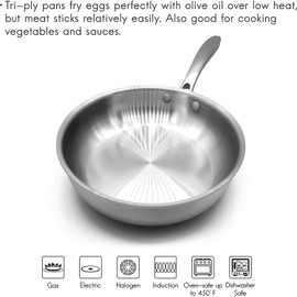 Fortune Candy 8-Inch Fry Pan with Lid, 3-ply Skillet, 18/8 Stainless Steel, Dishwasher Safe, Induction Ready, Silver