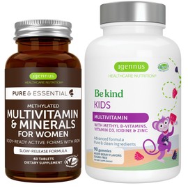 Igennus Healthcare Nutrition Multivitamin & Minerals for Women + Advanced Kids Multivitamin Gummy Vegan Bundle, with Methylated B-Vitamins, Vitamin A, C, D3 & E, Clean Label, 60 Tablets + 90 Berry Flavor Gummies, by Igennus