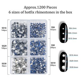 Blinginbox Hotfix-Strasssteine für Kleidung, Schuhe, Taschen, Handy, Geldbörse, Basteln, Nagelkunst, flache Rückseite, rund, Glaskristall, gemischt, 6 Größen, Set mit Pinzette, Wachsstift und Spitzer,