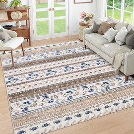 GarveeHome 5x7 Bedroom Area Rug Floral Washable Rug Non Slip Living Room Area Rug Soft Stain Resistant Dining Room Throw Rug Geometric Low Pile Carpet for Nursery Girls Room Home Decor, Brown