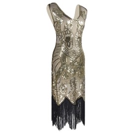 Plus Size Women's 1920s Art Deco Gatsby Dresses Sequin Fringed Flapper Dresses (X-Large, Apricot)