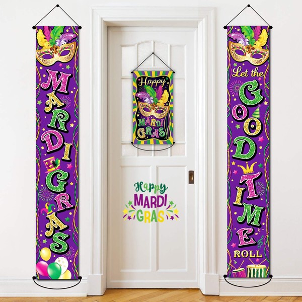 3 Pack Mardi Gras Decorations Banner New Orleans Party Mardi Gras Porch Door Decor Hanging Welcome for Home Yard Lawn Outdoor Indoor (Purple)
