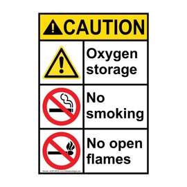 ComplianceSigns.com Caution Oxygen Storage No Smoking No Open Flames ANSI Safety Sign, 10x7 in. Plastic for Gases Hazmat