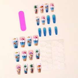 Summer Coconut Tree Press on Nails Medium Ballet Shaped Starfish Umbrella and Wave Pattern Design Beach False Nails Full Cover Glossy Acrylic Artificial Fingernails DIY Glue on Nails for Women