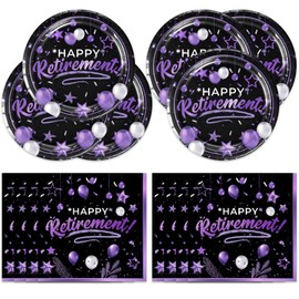 40Pcs Purple Retirement Party Decorations Balloons Pattern Plates and Napkins Set Supplies, Happy Retirement Table Decorations for Men Women Party Supplies