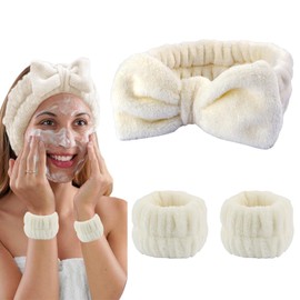 3 Stück Spa Gesichts Stirnband Handgelenk Waschgurt Set, Weiches Makeup Haarband Elastisch Handgelenk Schweißband, Spa Bowknot Haarbänder, für Frauen Duschen Gesicht Waschen Yoga Sport