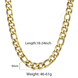 3/5/7/9mm Men's Stainless Steel Necklace Figaro Link Chain Choker for Men Women Gold Color Silver Color Solid AccessoriesColor: 9mm Gold-24inch 60cm