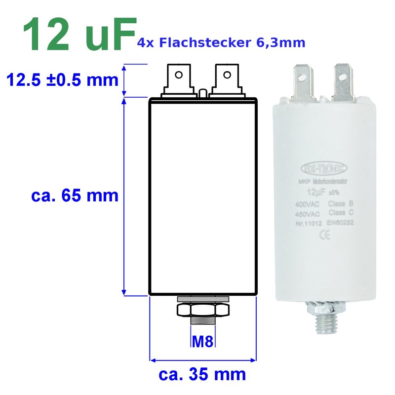 Starting Capacitor, Motor Capacitor, Working Capacitor MKP 12 μF, 450