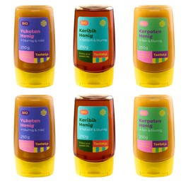 TanteLy Organic Sample Set with 2 x Yukatan, 2 x Caribbean and 2 x Carpathian Honey Dispenser (6 x 250 g)