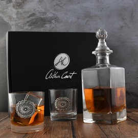 Arthur Court Western Concho Liquor Decanter Set with Pair of Concho Glasses 750 ml Groomsmen Gifts, Wedding Gifts For Couple, Bar Décor, Or Man Cave Décor