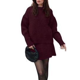 CHARTOU Women Sweater Skirt Sets 2 Pieces Outfits Loose Fit Pullover Sweater Knitted Mini Skirt (Medium, Wine)