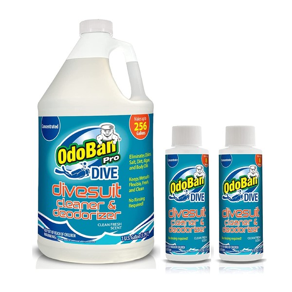 OdoBan Dive No-Rinse Wetsuit Cleaner Concentrate, Set of 3, 1 Gallon and 2-Pack Bottles, 4 Ounces Each