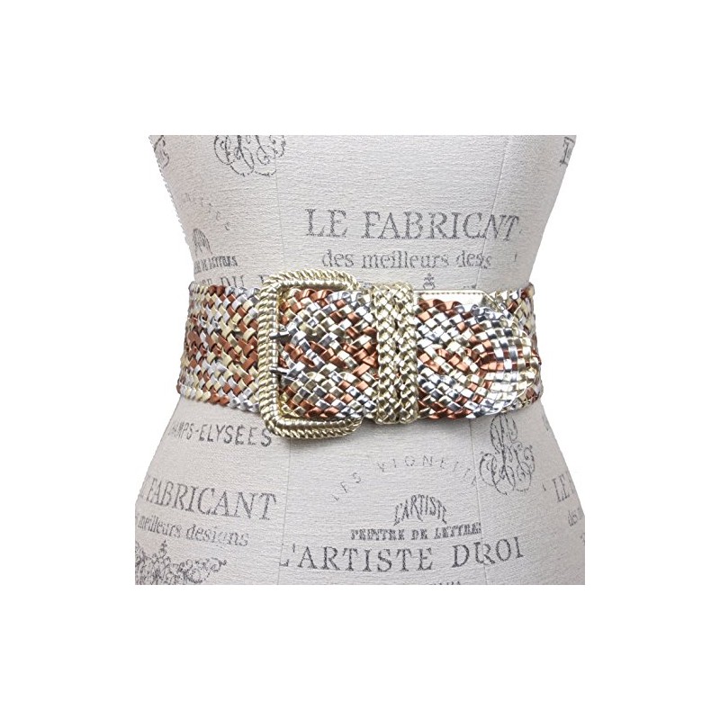 Women's 3" Wide Hand Made Braided Square Buckle Belt, Gold/Silver/Copper/Combo