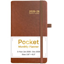 2026-2028 Pocket Monthly Planner, 3 Year Calendar 2026-2028, 6.2’’ x 3.6’’, Small Calendar 2026, 36 Months from Jan 2026 - Dec 2028, Hardcover, Back Pocket, Thick Paper, Lightweight to carry, A6, Brown