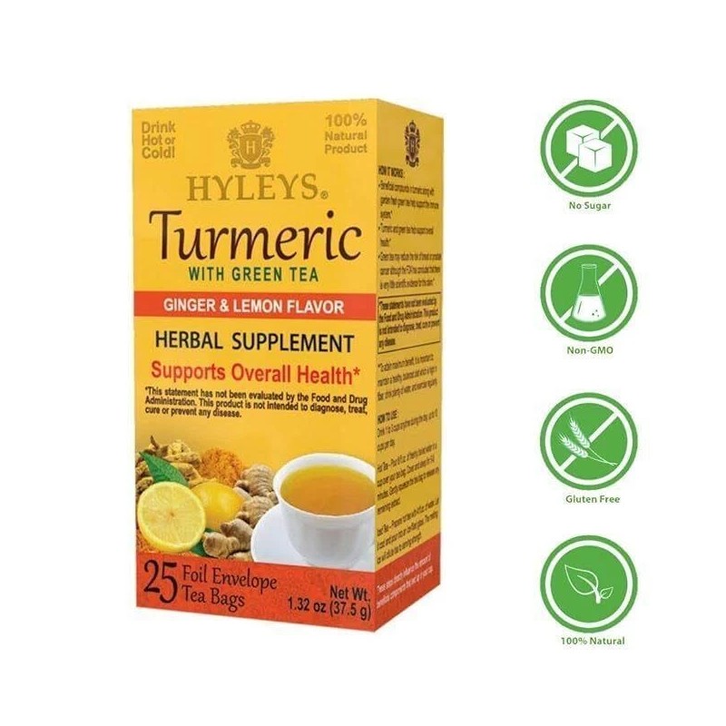 Hyleys 100% Natural Turmeric Tea Green Tea W/ Ginger &
