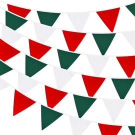 G2PLUS 12M Red Green and White Cotton Banner - 42PCS Christmas Fabric Bunting Banner - 19x21CM Reusable Cotton Xmas Garlands for Christmas Parties Decoration
