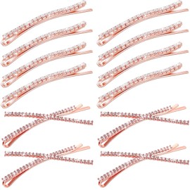 12 Pieces Rhinestone Bobby Pins Decorative Fancy Crystal Hair Clips Shiny Metal X Shaped Barrettes Bling Diamond Wedding Bridal Shower Hair Accessories for Women Ladies(Rose Gold,Fresh Style)