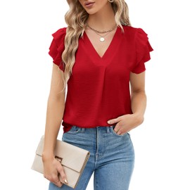 Blooming Jelly Womens Dressy Casual Shirts Short Sleeve V Neck Work Blouse Business Casual Summer Tops 2024(L, Red)