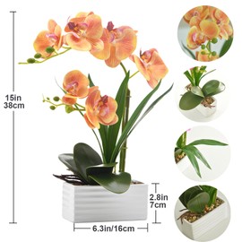 FuleHouzz Artificial Real Touch Orchid Flowers in Pot Fake Phalaenopsis Flower with White Ceramic Vase Faux Orchids Arrangement for Home Table Office Wedding Party Decoration (Orange)