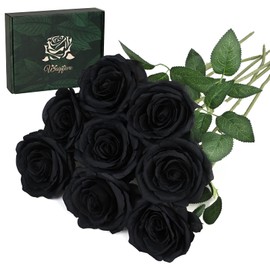 Waipfaru 8 Pcs Artificial Flowers Fake Silk Black Roses Bulk, Faux Real Touch Roses Bouquet with Long Stem for Wedding Party Home Decor (Black)