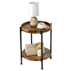 MyGift 2 Tier Round End Table with Premium Acacia Solid Wood Shelf and Black Metal Frame, 22 Inch Tall Side Table Modern Home Living Room or Bedroom Furniture