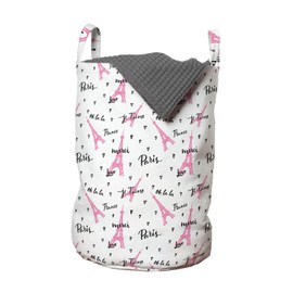 Lunarable Eiffel Tower Laundry Bag Pack of 2, France Paris Oh La La Eiffel Tower Hearts Calligraphy Doodle Style Art, Hamper Basket with Handles Drawstring Closure, 13" x 19", Pink Black
