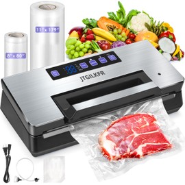 JTGILKFR Vacuum Sealer - Powerful 95kPa vacuum sealer for food with Built-in Cutter Bag Storage,Easy-Lock Handle Digital Timer,2 Roll and 5 Pre-cut Bags & Hose Every Seal Perfect Freshness Locked In