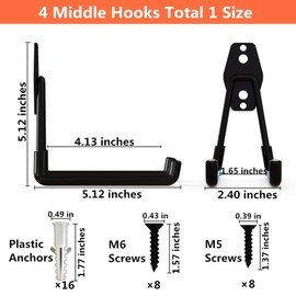 Wall Mounted Heavy Duty Double Clip U Shape Utility Tools Hooks with Anti-Slip Coating for Home Garage Storage Organizer Garden Tools Shovels Chair Hose (4 Pack Black Square Hook Middle)