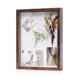 Muzilife 11x14 Shadow Box Picture Frame with Linen Board - Deep Wood & Glass Display Rustic Case Ready to Hang Memorabilia, Pins, Awards, Medals, Wedding, Tickets, and Photos, Rustic Brown
