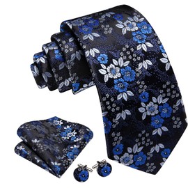 Barry.Wang Blue Tie for Men Floral Silk Necktie Pocket Square Cufflinks Set Formal Business Wedding Party Prom