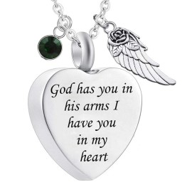 God Has You in His Arms with Angel Wing Charm Cremation Ashes Jewelry Keepsake Memorial Urn Necklace with Birthstone CrystalColor: May