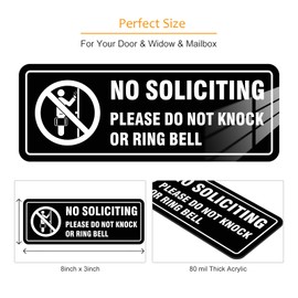 2 Pack No Soliciting Sign for House/Business- Self-Adhesive, 8" x 3" Acrylic No Soliciting Sign for Front Door- Do Not Knock Or Ring Bell Sign, Funny No Solicitation Signs for Yard Door Porch Home Wall Decor