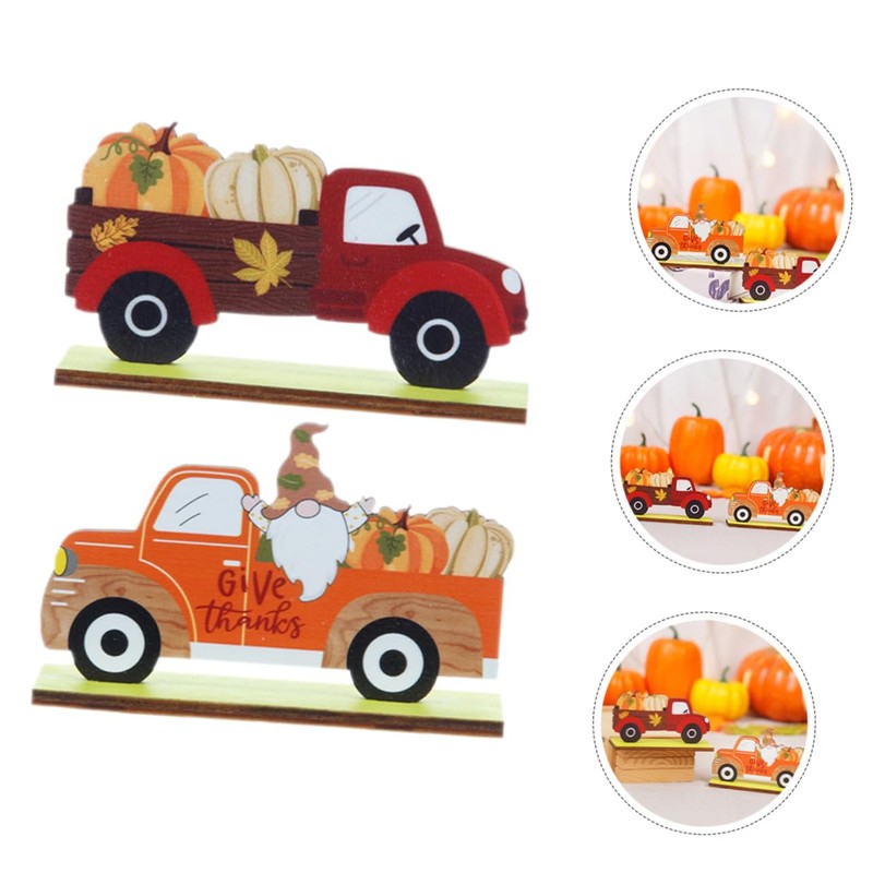 CAXUSD 2pcs Wooden Truck Gnome Pumpkin Sign for Autumn Home