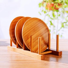 efbock Plate Rack Holder for Kitchen Cabinets Bamboo Wood Chopping Board Tray Tableware Rack Stand Drip Rack Kitchen Cabinet Organiser for Plates, Cups, Pot Lid (2, 4 Slots)