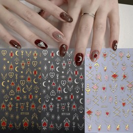 6 Sheets Gold & Silver Nail Art Stickers Stars Moon Nail Decals 3D Self-Adhesive Retro Sun Pendant Love Heart Lock Design Nail Art Sticker Decoration for Women Girls Manicure Supplies