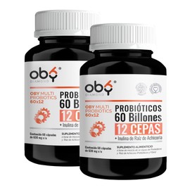 Probioticos 60 Billones de 12 Cepas  Prebioticos con Inulina Raiz de Achicoria  Probioticos Mujer y Hombre  OBY MULTI Probiotics -120 Cápsulas para 4 