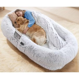 KEIKI Human Dog Bed for Extra Large Dogs, 71"x45"x12" Memory Foam XL Orthopedic Dog Beds with Storage Pocket, Fluffy Plush Big Pet Bed for Adult Size, Cover Portable Handle, Non-Slip Bottom, Soft Grey