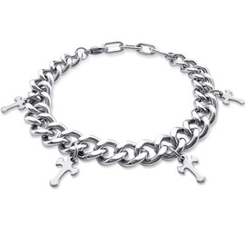 HEALLIFE Silver Creed Cross Bracelet For Men Women, Adjustable Cuban Link Stainless Steel Chain Bracelets with Four Cross Charms, Religious Christian Gift for Boyfriend Dad and Son