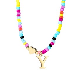 Mikovivi Colourful Pearl Letter Chain for Women, Boho Letter Pendant Necklace with Adjustable Chain, Fashionable Alphabet Choker, Gift, Summer Jewellery, Acrylic, No Gemstone