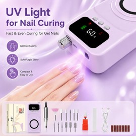 TPQKA PurpleNail 2 in 1 Nail Drill with UV Light, Professional Electric Nail File Kit 40000RPM, Rechargeable Manicure Pedicure Tools Set with 12 Bits & Lamp for Acrylic Gel Nails (Purple Silver)