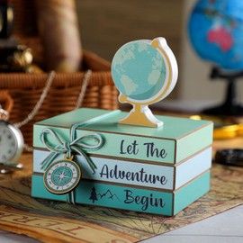 Pinkunn 4 Pcs Starfish Beach Tiered Tray Beach Wooden Book Decor Blue Wood Stacked Book Table Centerpiece for Summer Rustic Farmhouse Decorative with Tag for Home Living Room(Earth Travel)